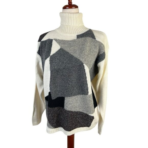 Vtg Sweater Turtleneck Colorblock Abstract Textured Wool Blend Sz S Boxy Preppy - Picture 5 of 9